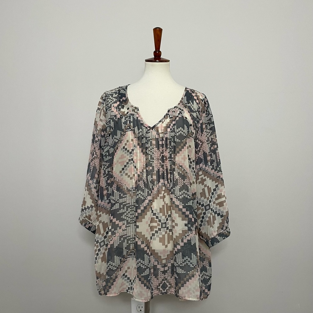 Eyeshadow Top Tunic Studded Aztec Geometric Sheer Grey Pink White Metallic Plus